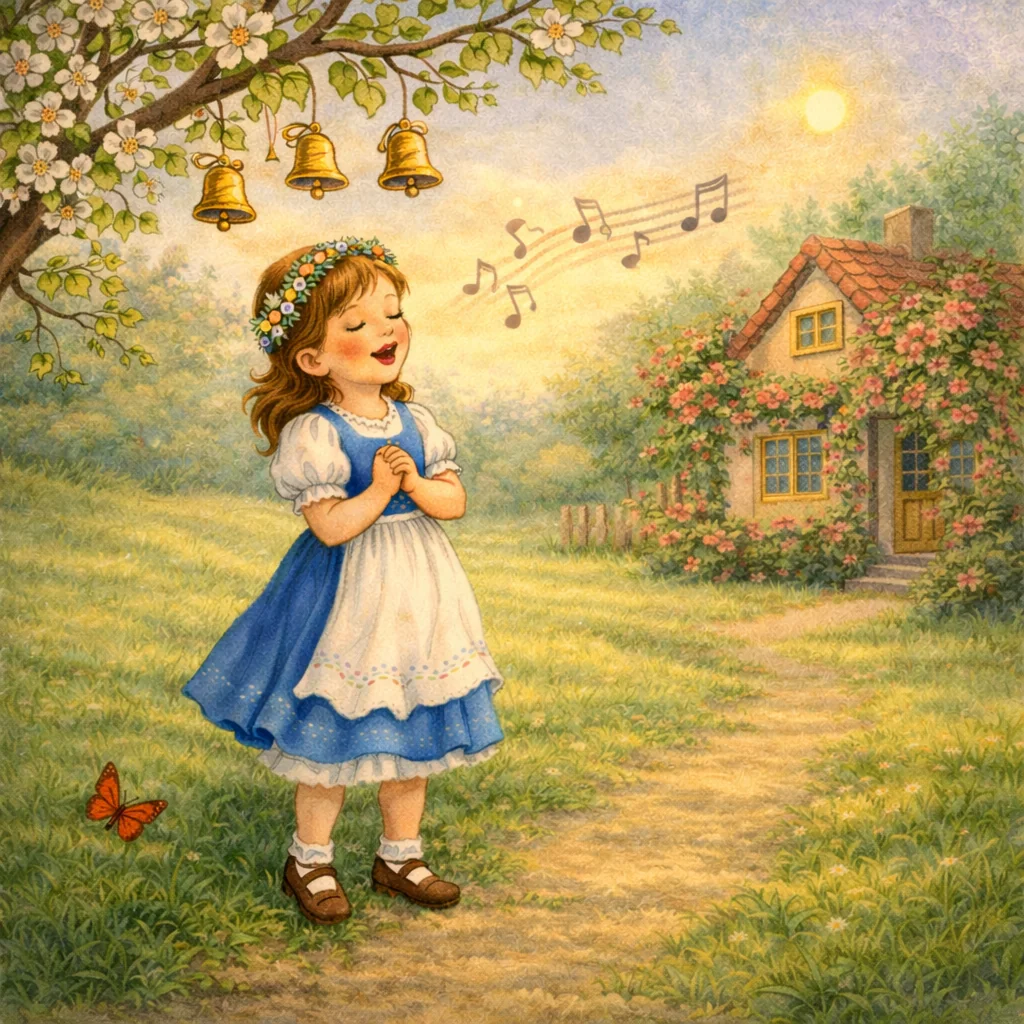 Ein Mädchen mit Blumenkranz singt verträumt auf einer blühenden Frühlingswiese, umgeben von Veilchen und Rosen, im Hintergrund steht ein mit Blumen umranktes Haus.