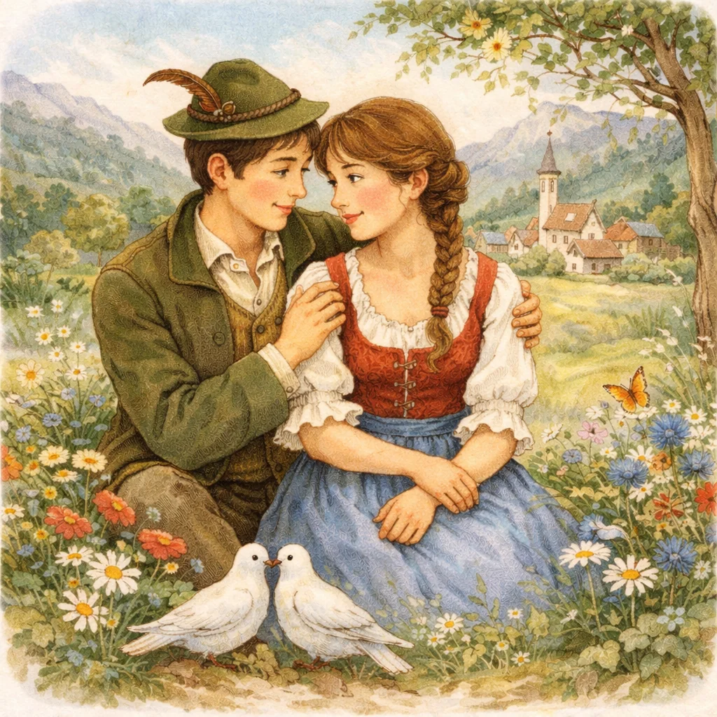 Junges Paar in Tracht sitzt eng beieinander in einer Blumenwiese; zwei weiße Tauben davor, im Hintergrund ein Dorf mit Kirche und Berge.