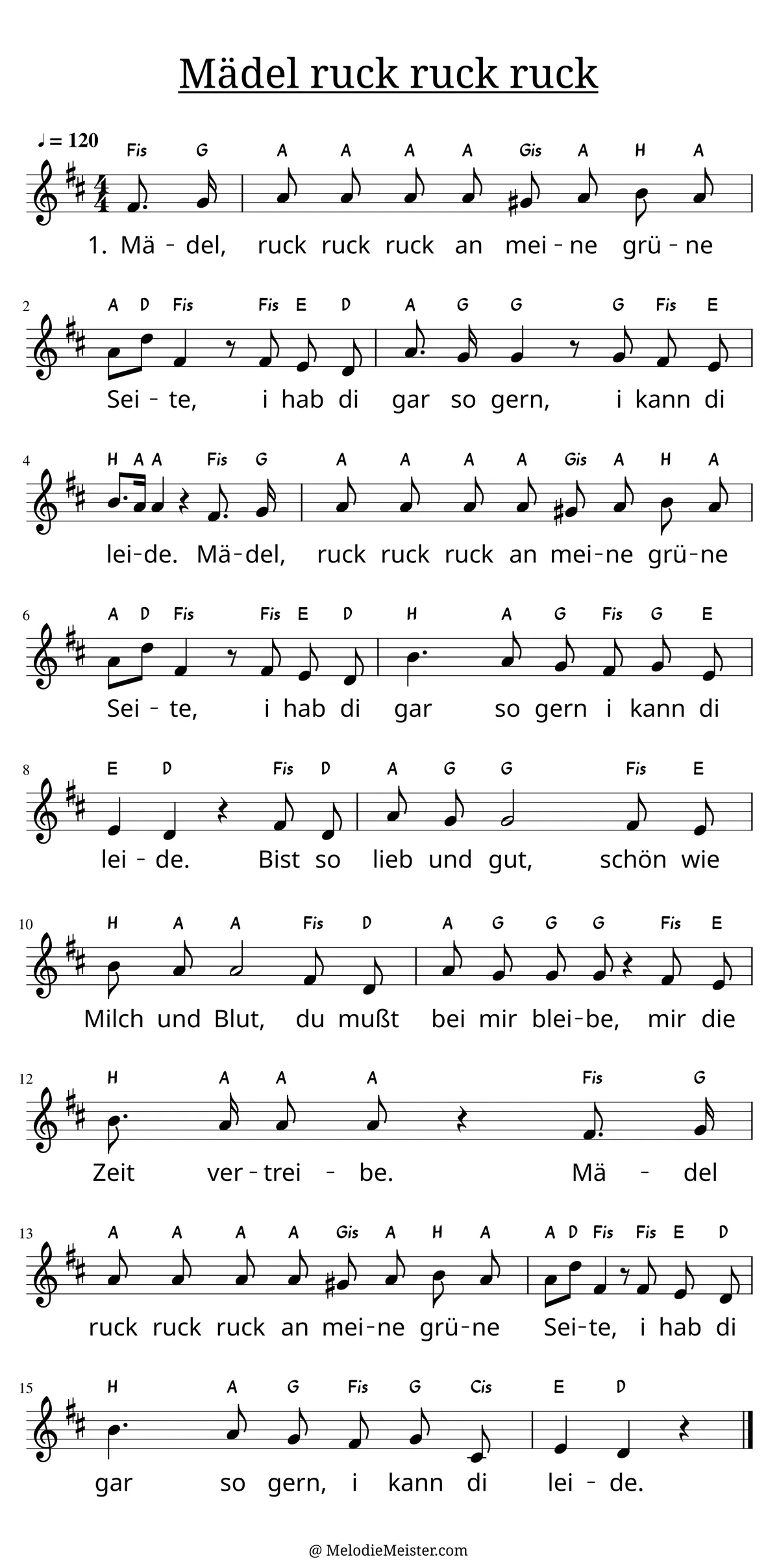 Notenblatt „Mädel, ruck ruck ruck“. Einstimmige Melodie im Violinschlüssel, D-Dur, 4/4-Takt, mit der 1. Strophe des Liedtextes.