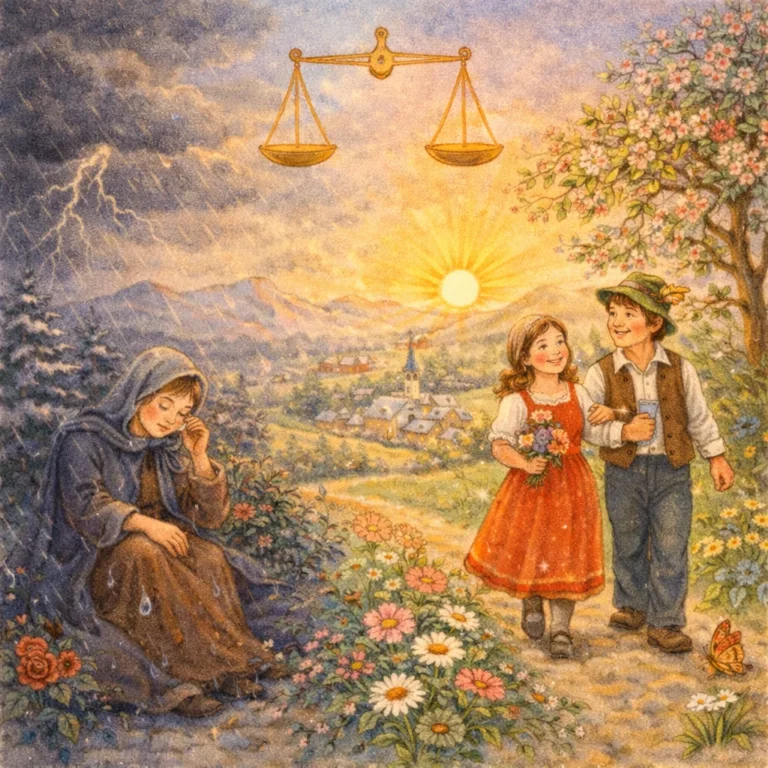 Zwei Menschen gehen durch eine blühende Landschaft im Sonnenlicht, während daneben eine trauernde Frau im Regen sitzt; darüber schwebt eine Waage.