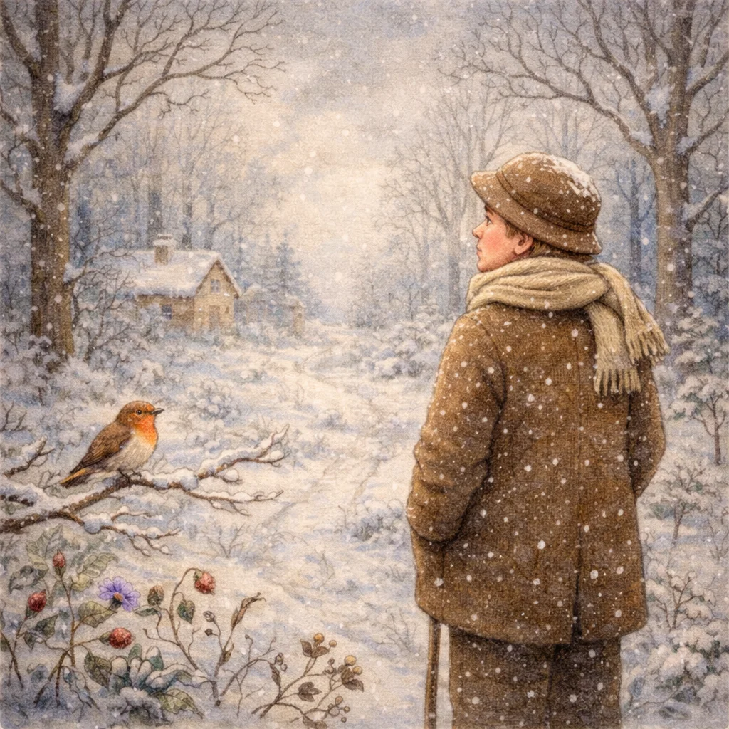 Ein Mann steht in einem verschneiten Wald und blickt nachdenklich in die Winterlandschaft, während ein Rotkehlchen auf einem Ast sitzt und leise Schnee fällt.
