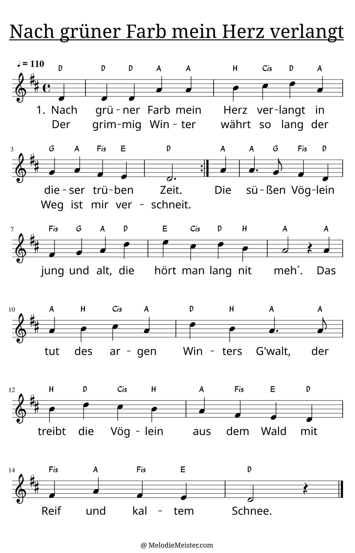 Notenblatt „Nach grüner Farb mein Herz verlangt“. Einstimmige Melodie im Violinschlüssel, D-Dur, 4/4-Takt, mit der 1. Strophe des Liedtextes.