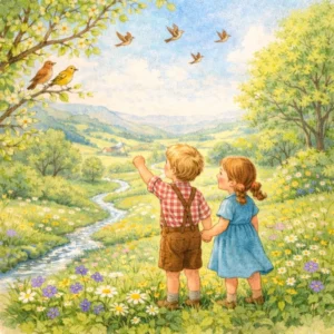 Zwei Kinder stehen lachend auf einer Frühlingswiese, umgeben von blühenden Bäumen und Veilchen, Lerchen steigen in den Himmel.