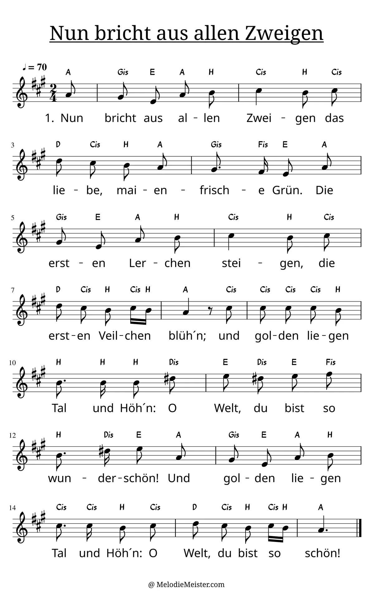 Notenblatt „Nun bricht aus allen Zweigen“. Einstimmige Melodie im Violinschlüssel, A-Dur, 2/4-Takt, mit der 1. Strophe des Liedtextes.
