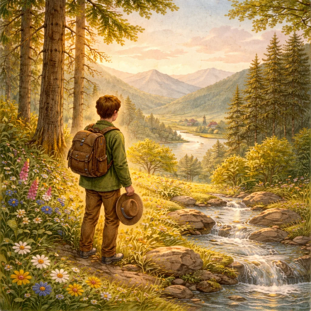 Ein Wanderer mit Hut und Rucksack steht am Waldrand, schaut in ein sonniges Tal mit blühenden Wiesen, Wildblumen, Bäumen und sanften Bergen. Neben ihm fließt ein kleiner Bach, alles wirkt ruhig und freundlich.