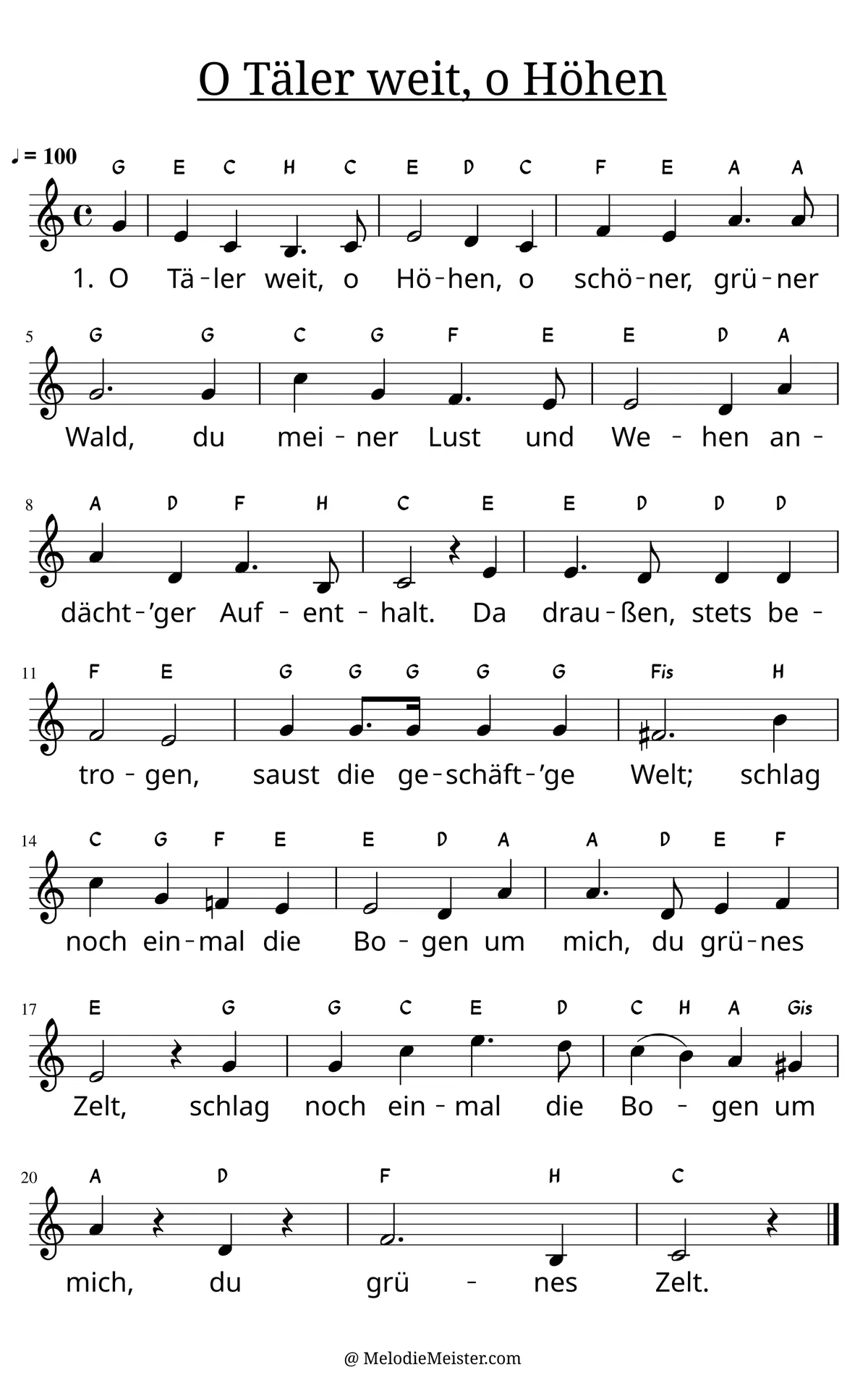 Notenblatt „O Täler weit, o Höhen (Abschied vom Walde)“. Einstimmige Melodie im Violinschlüssel, C-Dur, 4/4-Takt, mit der 1. Strophe des Liedtextes.