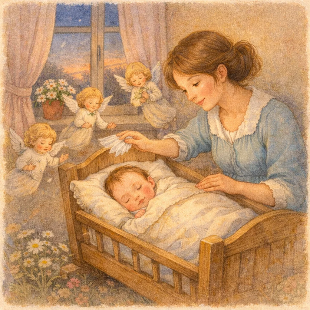 Mutter sitzt am Bettchen ihres schlafenden Sohnes, über ihm schweben lächelnde Engel, das Zimmer ist sanft beleuchtet, Sterne funkeln am Nachthimmel.