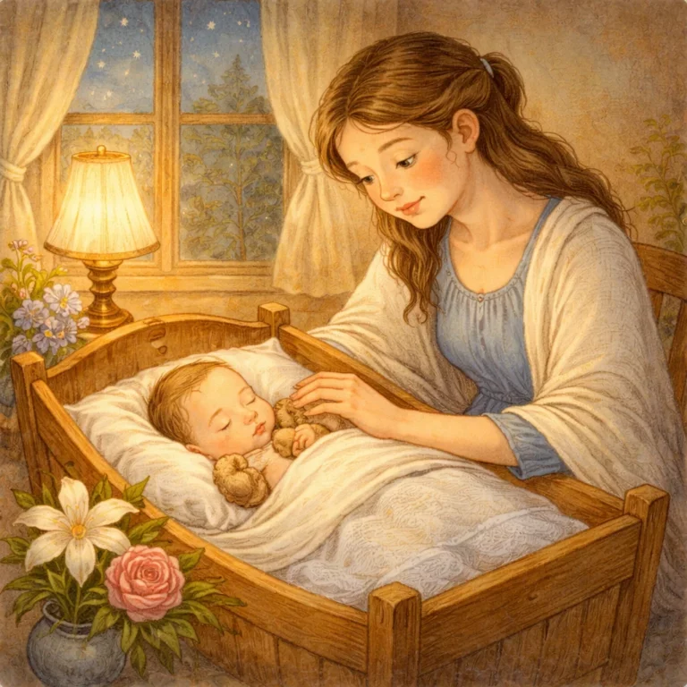 Eine Mutter sitzt an einer hölzernen Wiege und wiegt liebevoll ihr schlafendes Baby, das in weiche Tücher gehüllt ist. Neben der Wiege stehen eine Lilie und eine Rose. Der Raum ist in warmes, ruhiges Licht getaucht, draußen dämmert der Abend.
