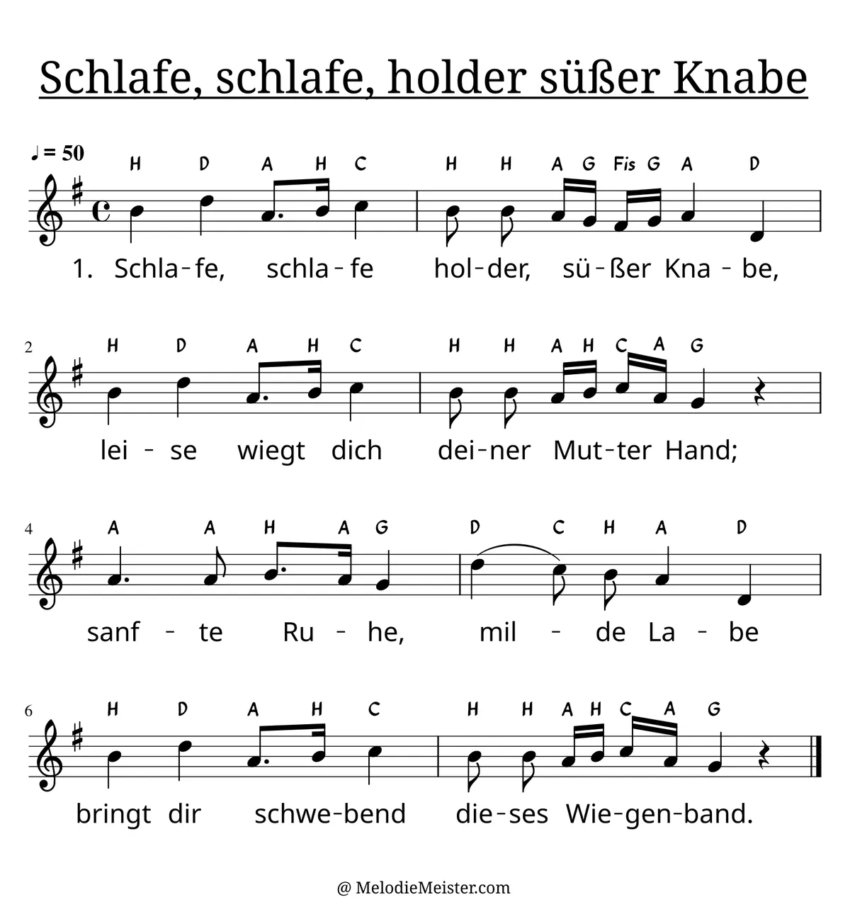 Notenblatt „Schlafe, schlafe, holder süßer Knabe“. Einstimmige Melodie im Violinschlüssel, G-Dur, 4/4-Takt, mit der 1. Strophe des Liedtextes.