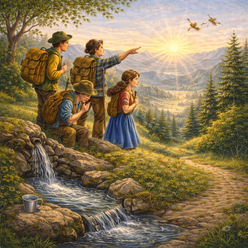 Eine fröhliche Wandergruppe steht auf einem sonnigen Berggipfel, blickt über blühende Wiesen, Wälder und Täler, am Wegrand fließt eine klare Quelle.