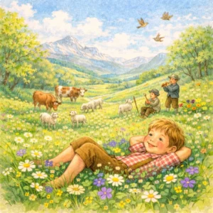 Zwei Kinder auf blühender Wiese blicken ins grüne Tal, ein Kind breitet die Arme aus, Sonne scheint, Schafe grasen im Hintergrund.