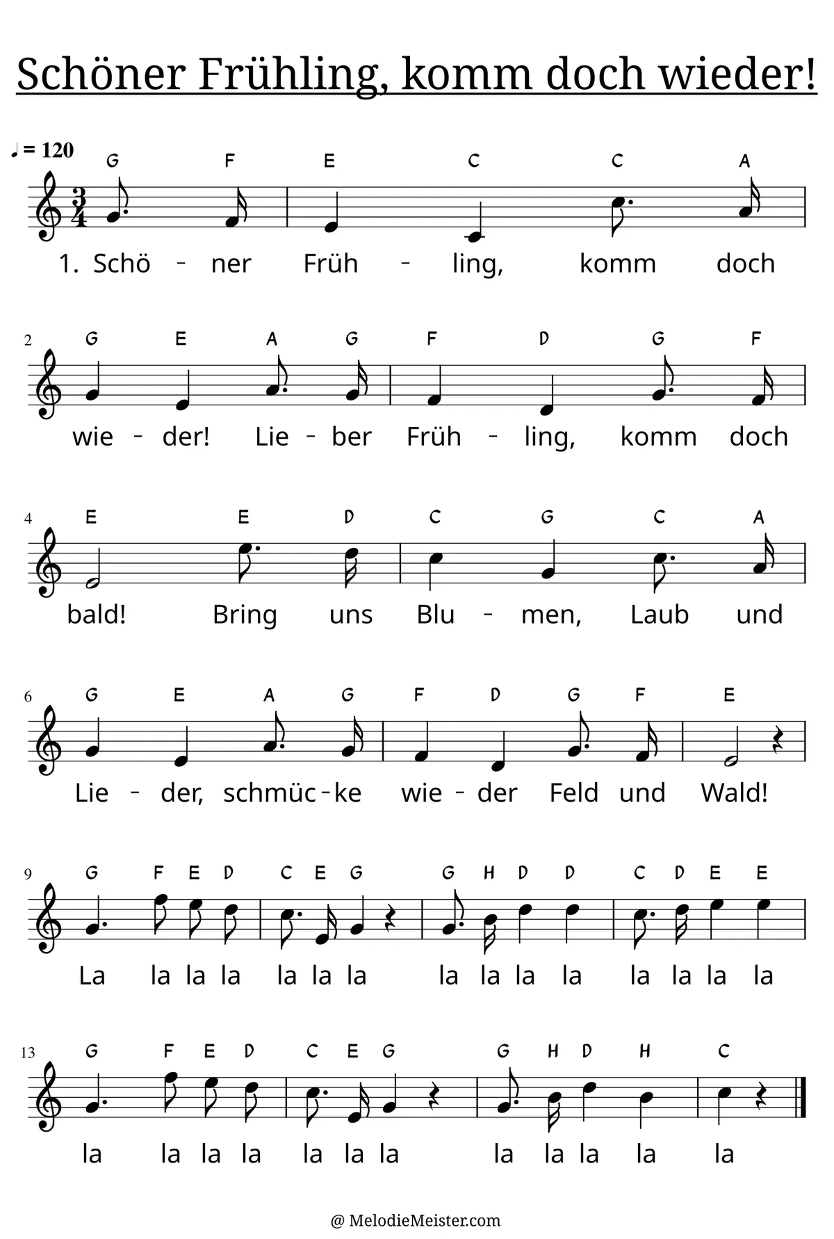 Notenblatt „Schöner Frühling, komm doch wieder!“. Einstimmige Melodie im Violinschlüssel, C-Dur, 3/4-Takt, mit der 1. Strophe des Liedtextes.