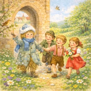 Kinder ziehen mit bunten Stäben und einer Strohpuppe durch das Frühlingsdorf, letzte Schneereste schmelzen, Blumen blühen.