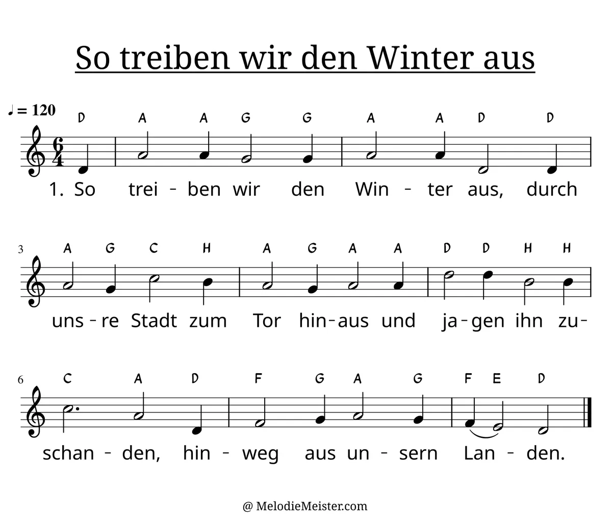 Notenblatt „So treiben wir den Winter aus“. Einstimmige Melodie im Violinschlüssel, C-Dur, 6/4-Takt, mit der 1. Strophe des Liedtextes.