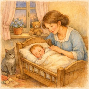 Junge Mutter sitzt am Bettchen ihres schlafenden Babys, in einem ruhigen, warm beleuchteten Kinderzimmer mit Katze und Blumen auf der Fensterbank.