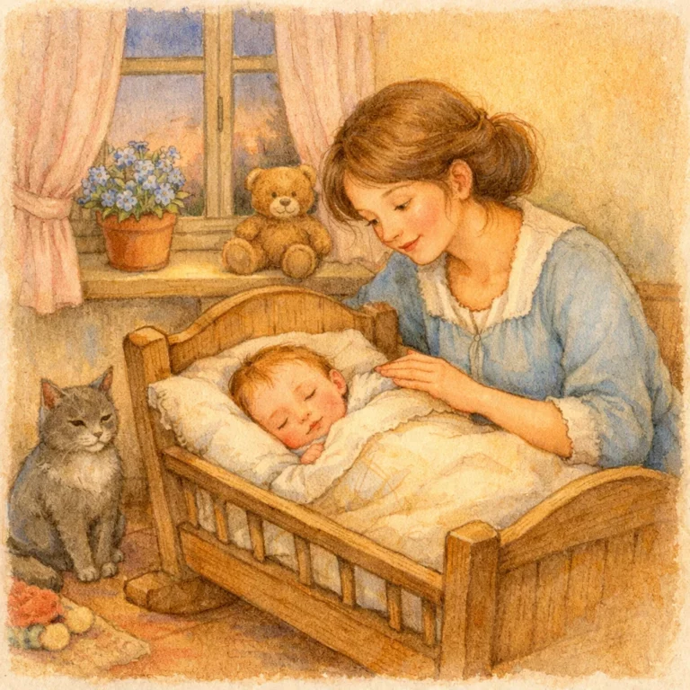 Junge Mutter sitzt am Bettchen ihres schlafenden Babys, in einem ruhigen, warm beleuchteten Kinderzimmer mit Katze und Blumen auf der Fensterbank.