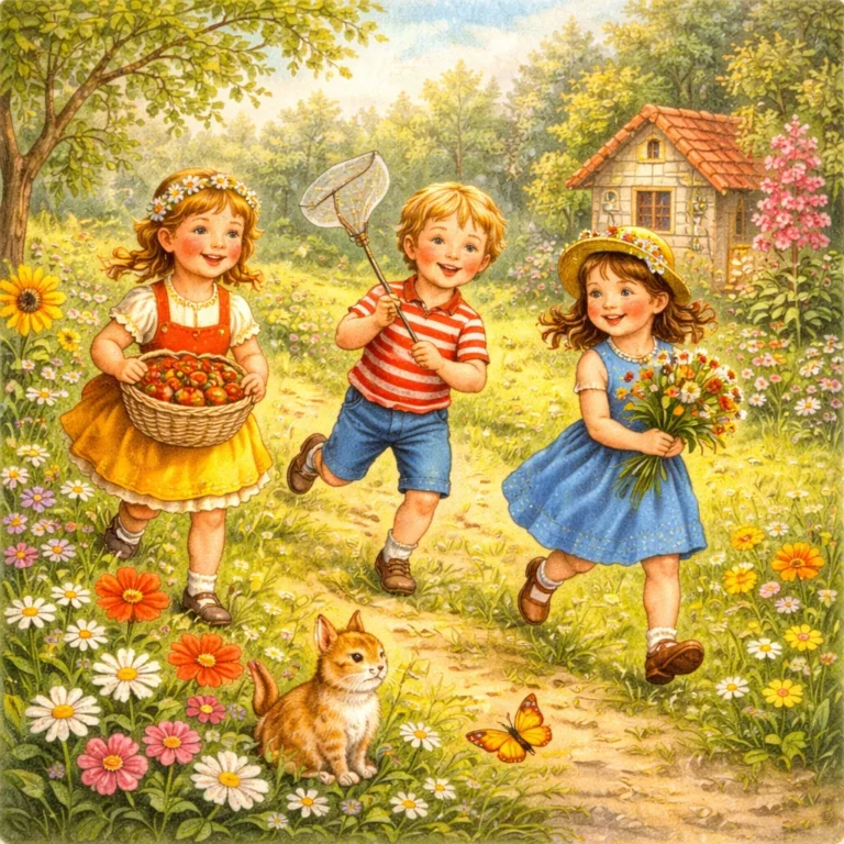 Drei Kinder spielen lachend in einem blühenden Sommergarten, ein Mädchen trägt einen Korb mit Erdbeeren, ein Junge läuft mit einem Schmetterlingsnetz, ein weiteres Mädchen hält einen Blumenstrauß, während eine Katze und ein Schmetterling im Vordergrund zu sehen sind.