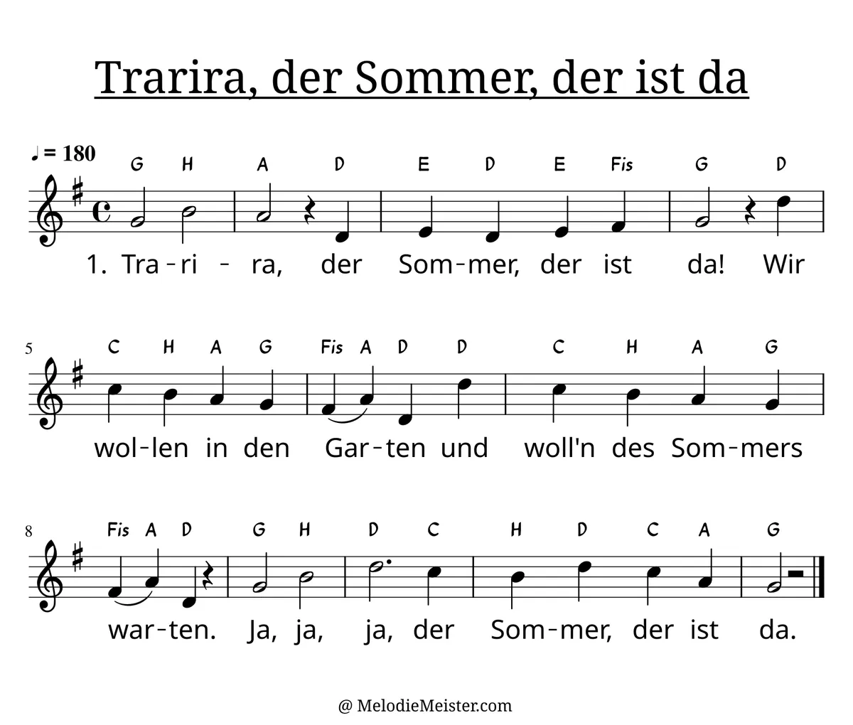 Notenblatt „Trarira, der Sommer, der ist da“. Einstimmige Melodie im Violinschlüssel, G-Dur, 4/4-Takt, mit der 1. Strophe des Liedtextes.