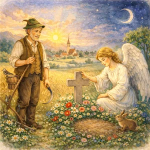 Bauer mit Sichel steht am Feldrand bei Sonnenuntergang; ein Engel kniet am Grabkreuz zwischen bunten Sommerblumen, am Himmel Mond und Sterne, ein Hase sitzt im Gras.