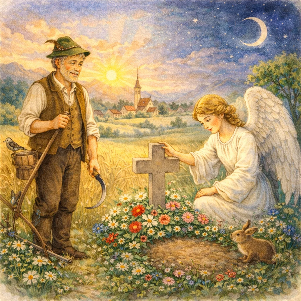 Bauer mit Sichel steht am Feldrand bei Sonnenuntergang; ein Engel kniet am Grabkreuz zwischen bunten Sommerblumen, am Himmel Mond und Sterne, ein Hase sitzt im Gras.
