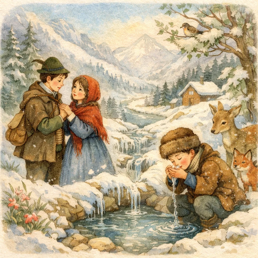 Winterliche Schneelandschaft im Gebirge: Ein Junge trinkt aus einem kalten Brünnlein, daneben verabschiedet sich ein Paar; Reh, Fuchs und Vogel schauen zu, im Hintergrund eine Hütte.