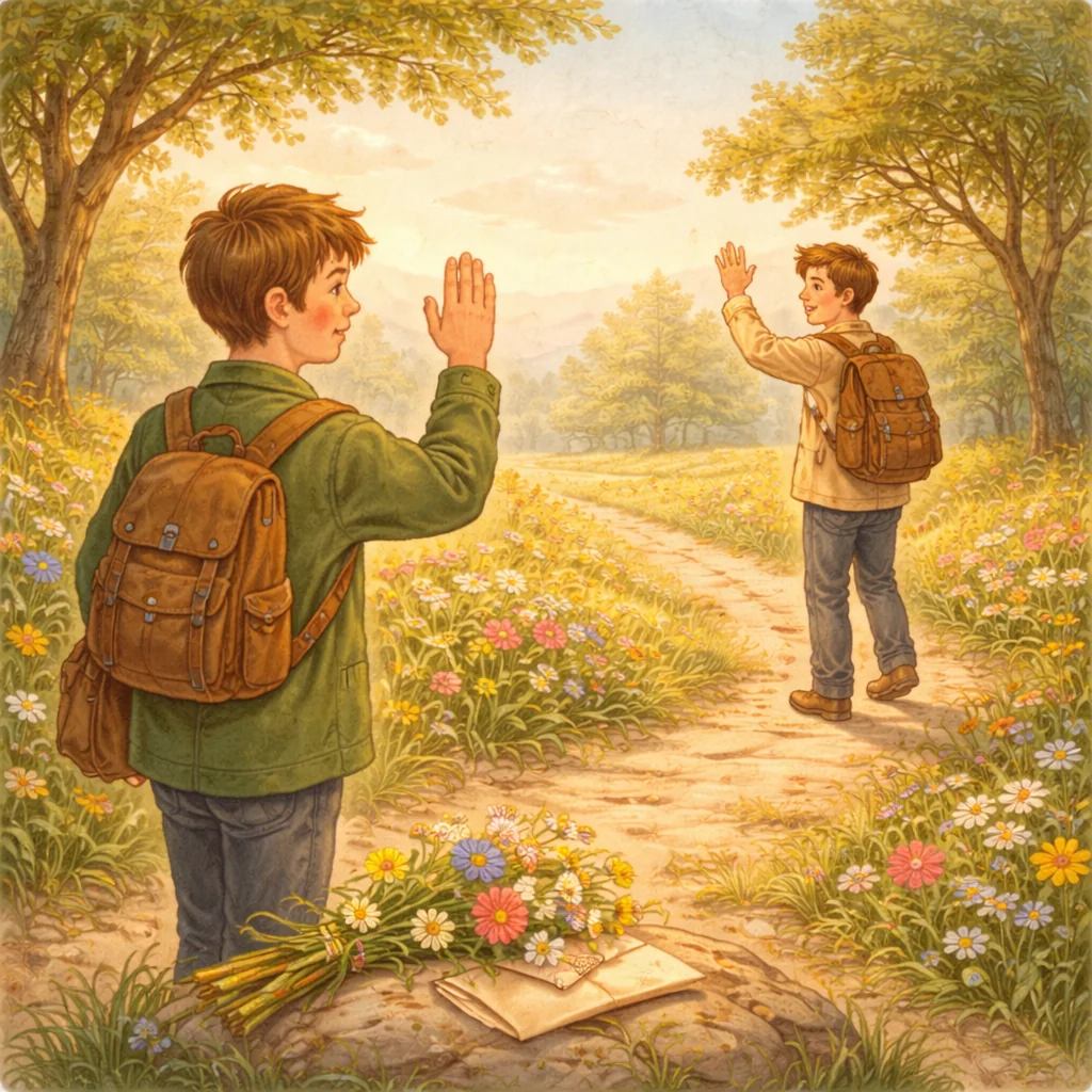 Zwei junge Freunde verabschieden sich an einer Weggabelung auf einer blühenden Sommerwiese. Einer geht einen sonnigen Pfad entlang und winkt zurück, während der andere am Wegesrand steht und ebenfalls winkt. Im Vordergrund liegen ein bunter Blumenstrauß und ein Brief, umgeben von Wildblumen, Bäumen und warmem Sonnenlicht.