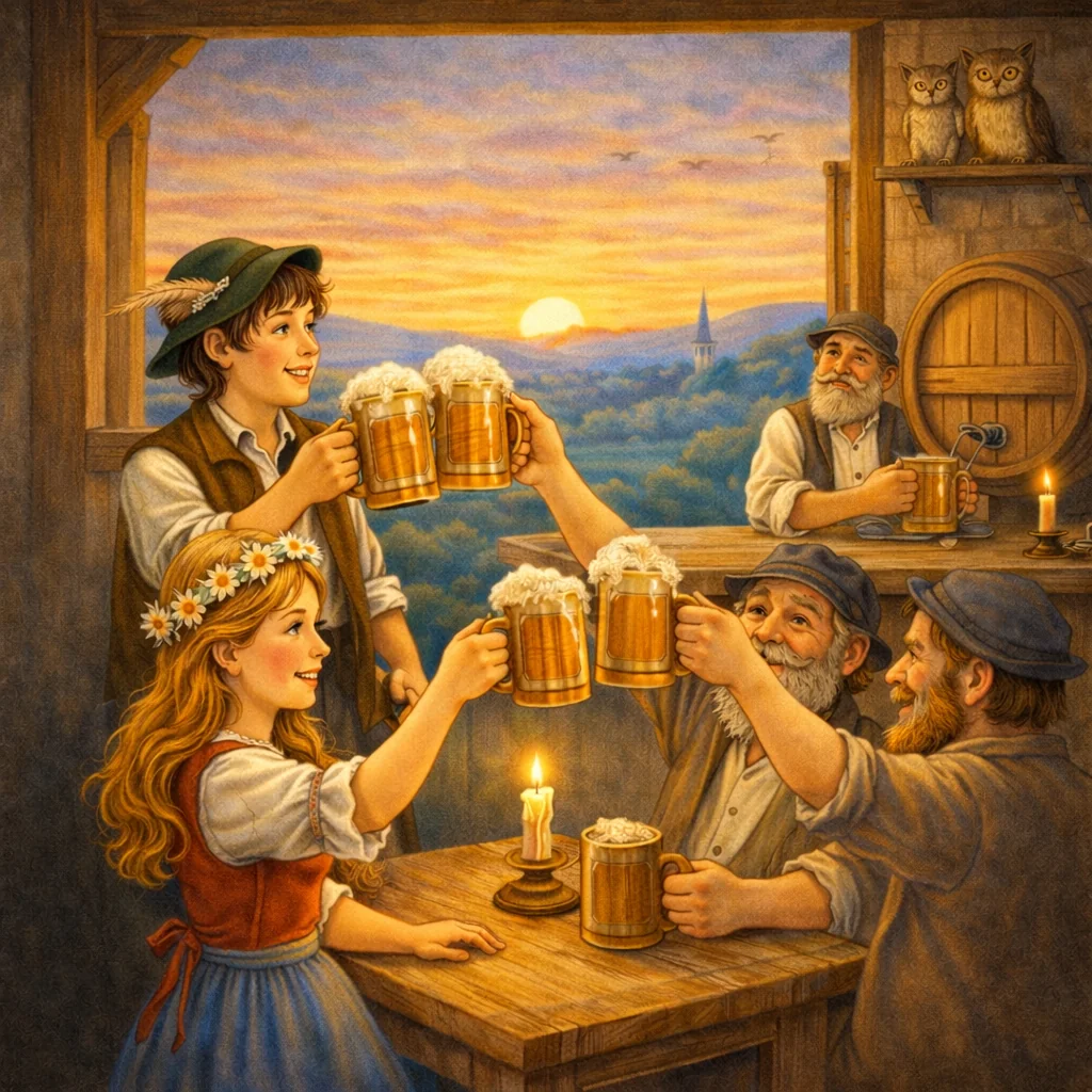 Eine fröhliche Runde aus jungen und alten Menschen stößt bei Sonnenuntergang in einer ländlichen Schenke mit Bierkrügen an.