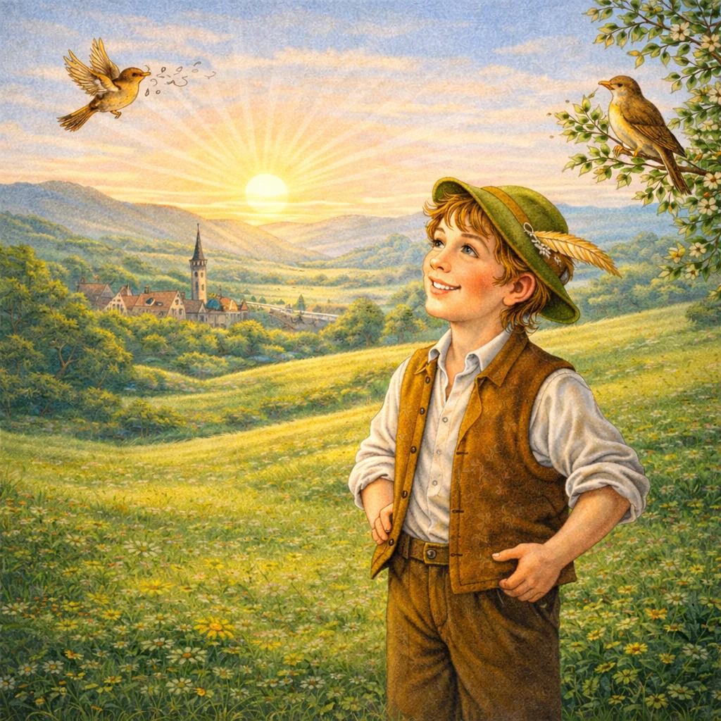 Ein junger Mann steht lächelnd inmitten einer blühenden Sommerwiese, blickt dem Sonnenaufgang entgegen, umgeben von Vögeln und sanften Hügeln.