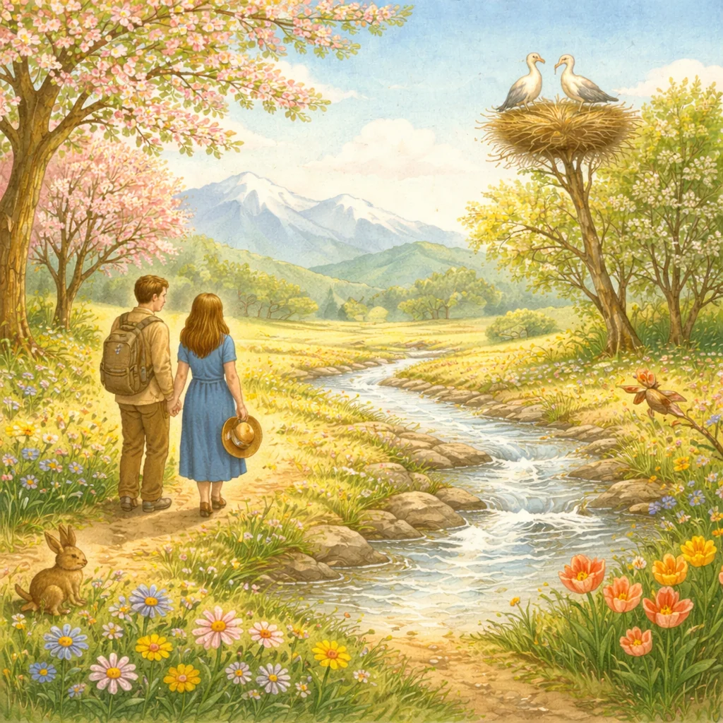 Ein Paar spaziert Hand in Hand durch eine blühende Frühlingslandschaft mit bunten Wildblumen, einem plätschernden Bach, blühenden Kirschbäumen und zwei Störchen im Nest. Im Vordergrund sitzt ein Hase, im Hintergrund erheben sich sanfte Berge unter blauem Himmel.