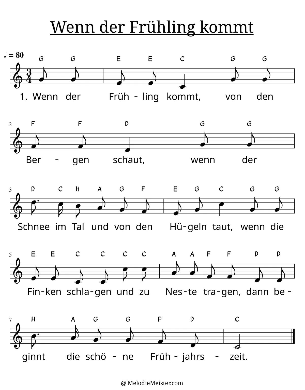 Notenblatt „Wenn der Frühling kommt“. Einstimmige Melodie im Violinschlüssel, C-Dur, 3/4-Takt, mit der 1. Strophe des Liedtextes.
