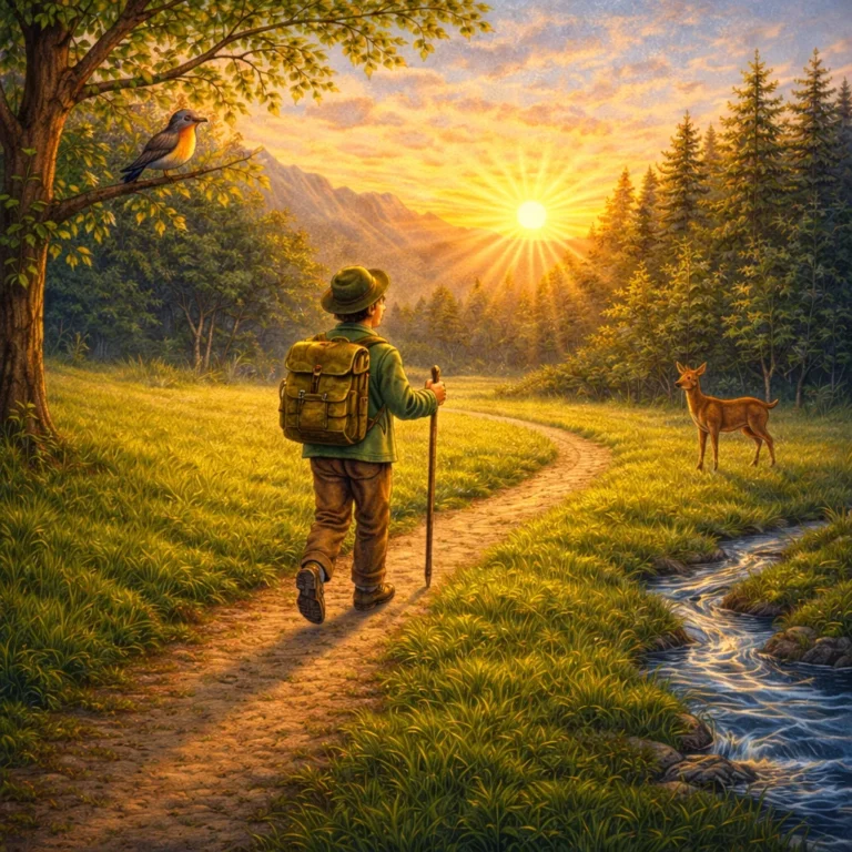 Ein junger Wanderer geht in der Morgendämmerung auf einem blühenden Wiesenweg der aufgehenden Sonne entgegen; am Waldrand sitzt eine Nachtigall, ein Bach schlängelt sich durch das hohe Gras, Blumen und ein Reh säumen den Weg.