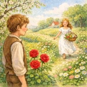 Junge Frau mit roten Rosen am Gartenzaun, junger Mann blickt sehnsüchtig zu ihr, blühende Wiese im Maienlicht.