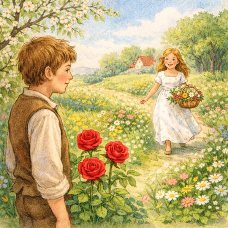 Junge Frau mit roten Rosen am Gartenzaun, junger Mann blickt sehnsüchtig zu ihr, blühende Wiese im Maienlicht.