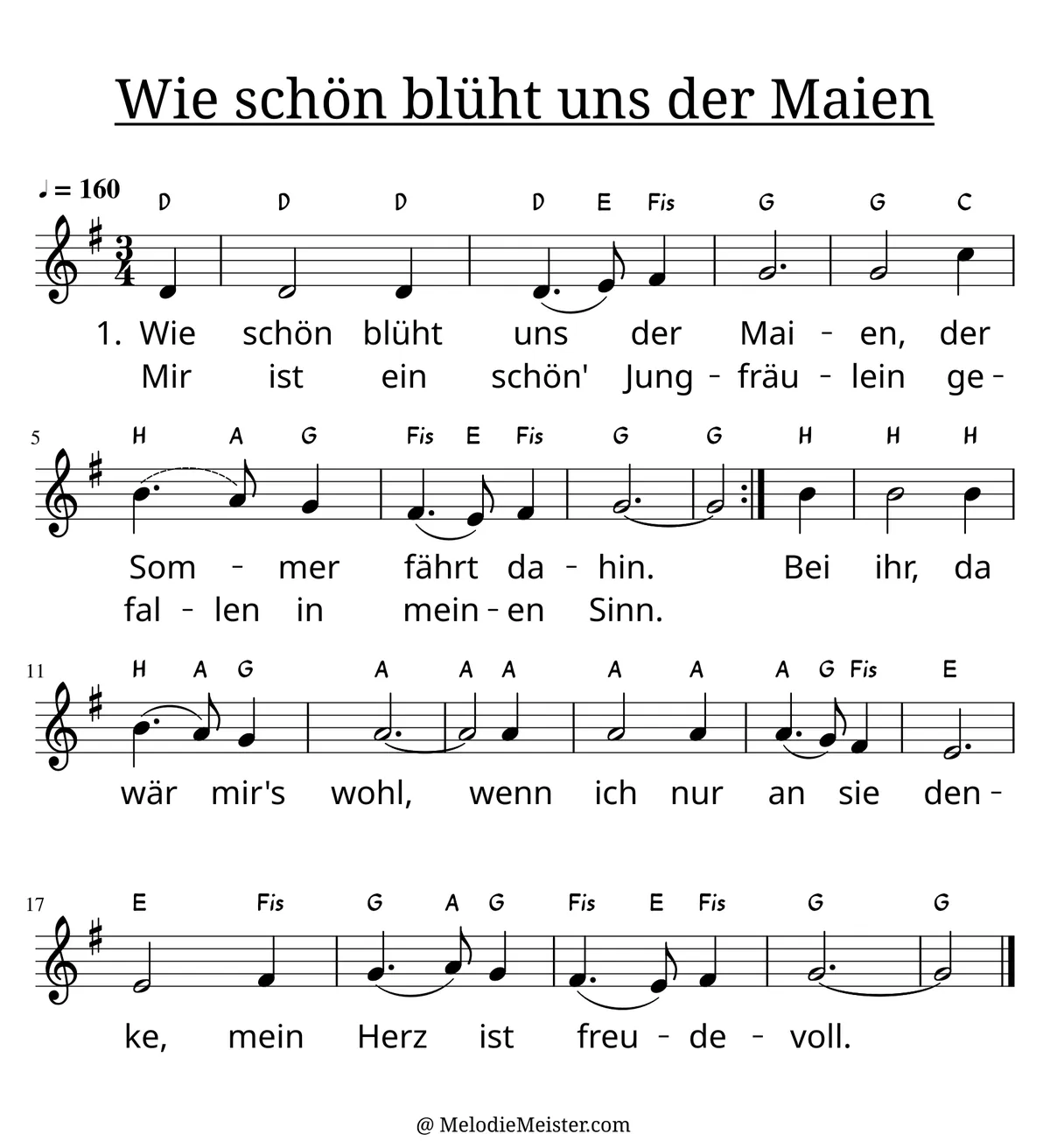 Notenblatt „Wie schön blüht uns der Maien“. Einstimmige Melodie im Violinschlüssel, G-Dur, 3/4-Takt, mit der 1. Strophe des Liedtextes.