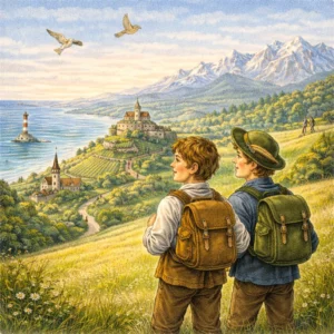 Zwei Jungen mit Rucksäcken stehen auf einer blühenden Wiese und blicken über Deutschland – vom Meer mit Leuchtturm bis zu den Alpen mit Burgen, Wäldern und Dörfern.