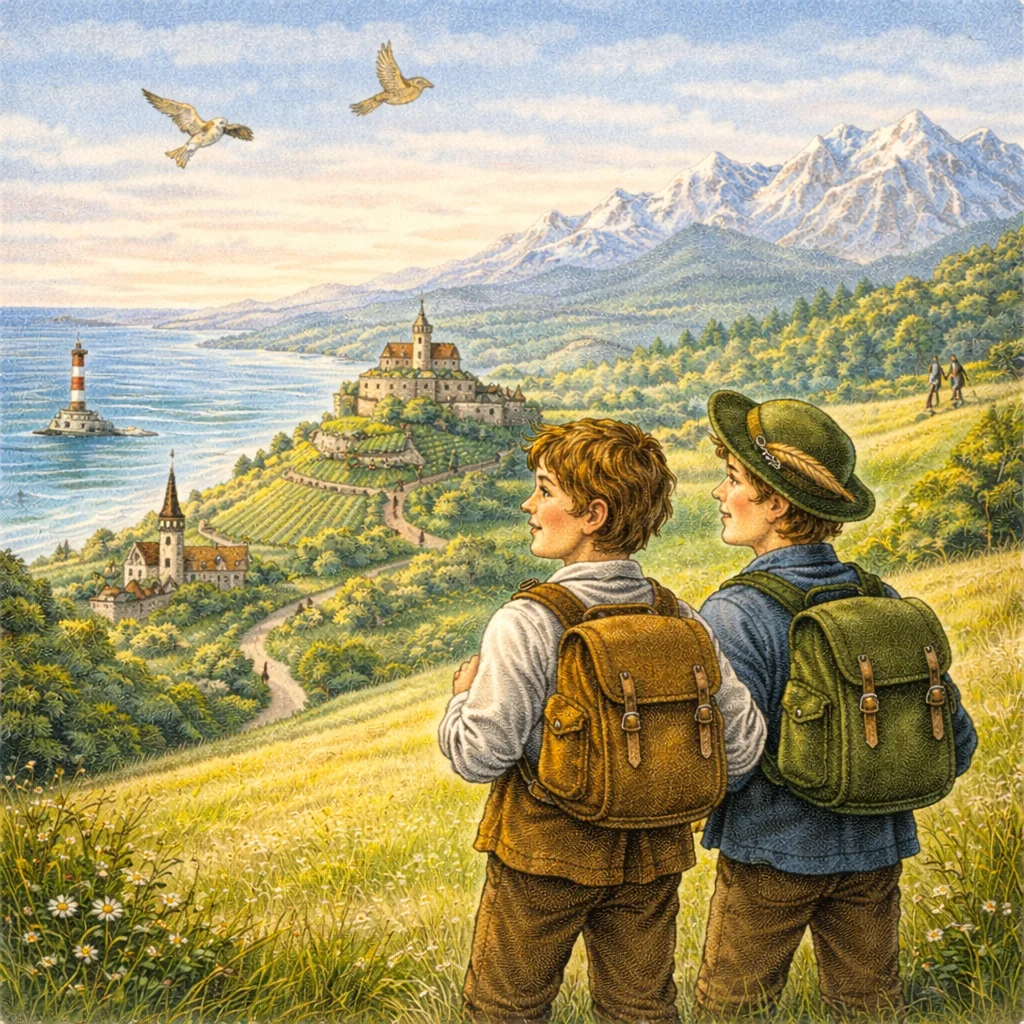 Zwei Jungen mit Rucksäcken stehen auf einer blühenden Wiese und blicken über Deutschland – vom Meer mit Leuchtturm bis zu den Alpen mit Burgen, Wäldern und Dörfern.