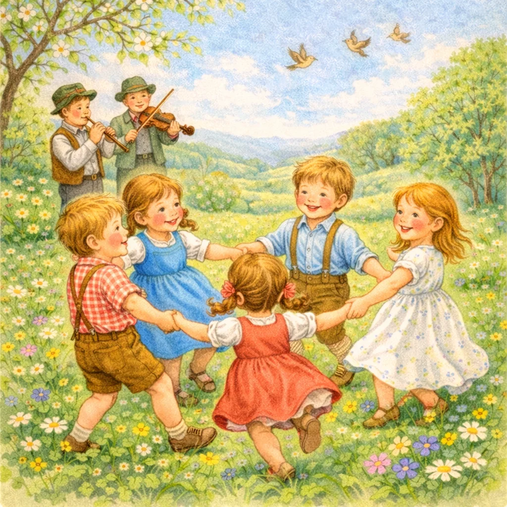 Kinder tanzen Hand in Hand im Kreis auf einer Frühlingswiese, im Hintergrund spielen andere Kinder Flöte, Geige und Bass.