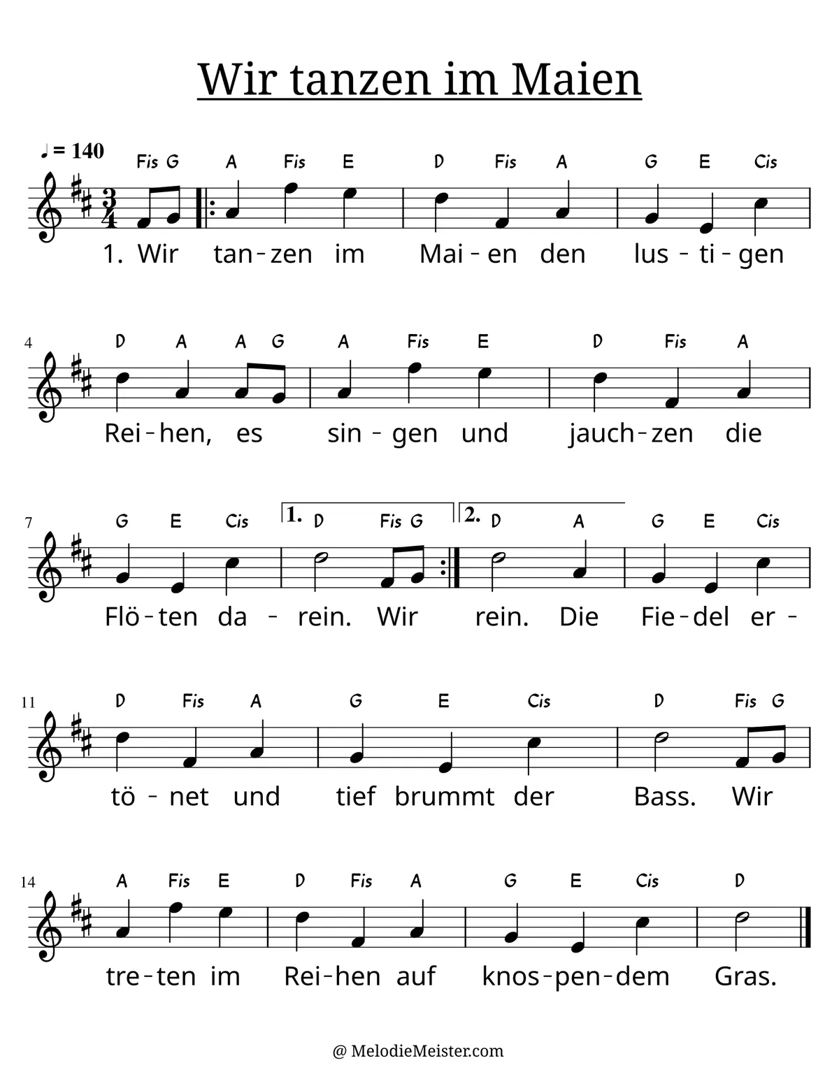 Notenblatt „Wir tanzen im Maien (Maientanz)“. Einstimmige Melodie im Violinschlüssel, D-Dur, 3/4-Takt, mit der 1. Strophe des Liedtextes.
