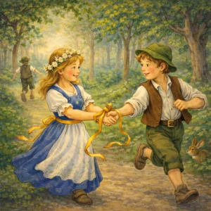 Ein Mädchen hält lachend einen Jungen mit einem goldenen Band an der Hand, während im Hintergrund ein anderer Junge in den Wald davonläuft.