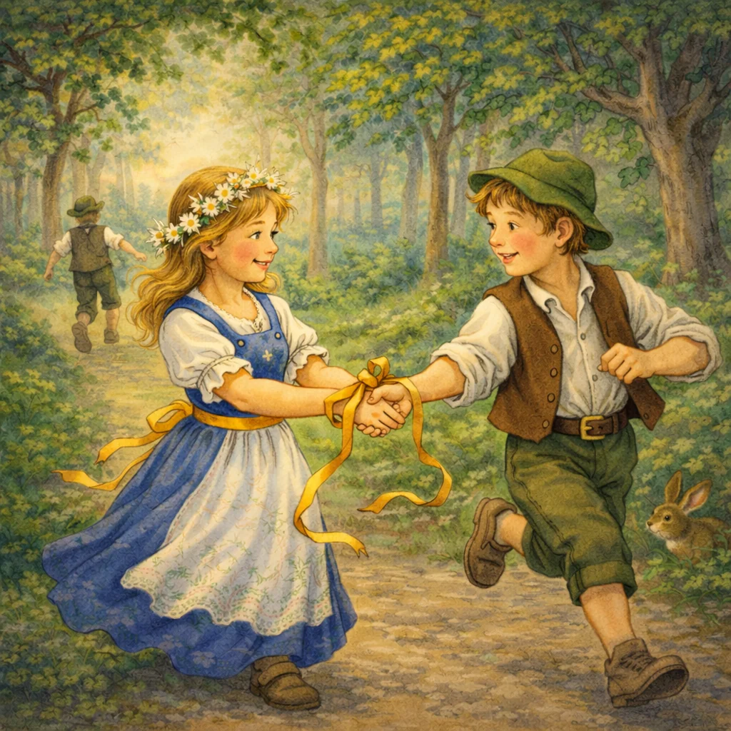 Ein Mädchen hält lachend einen Jungen mit einem goldenen Band an der Hand, während im Hintergrund ein anderer Junge in den Wald davonläuft.