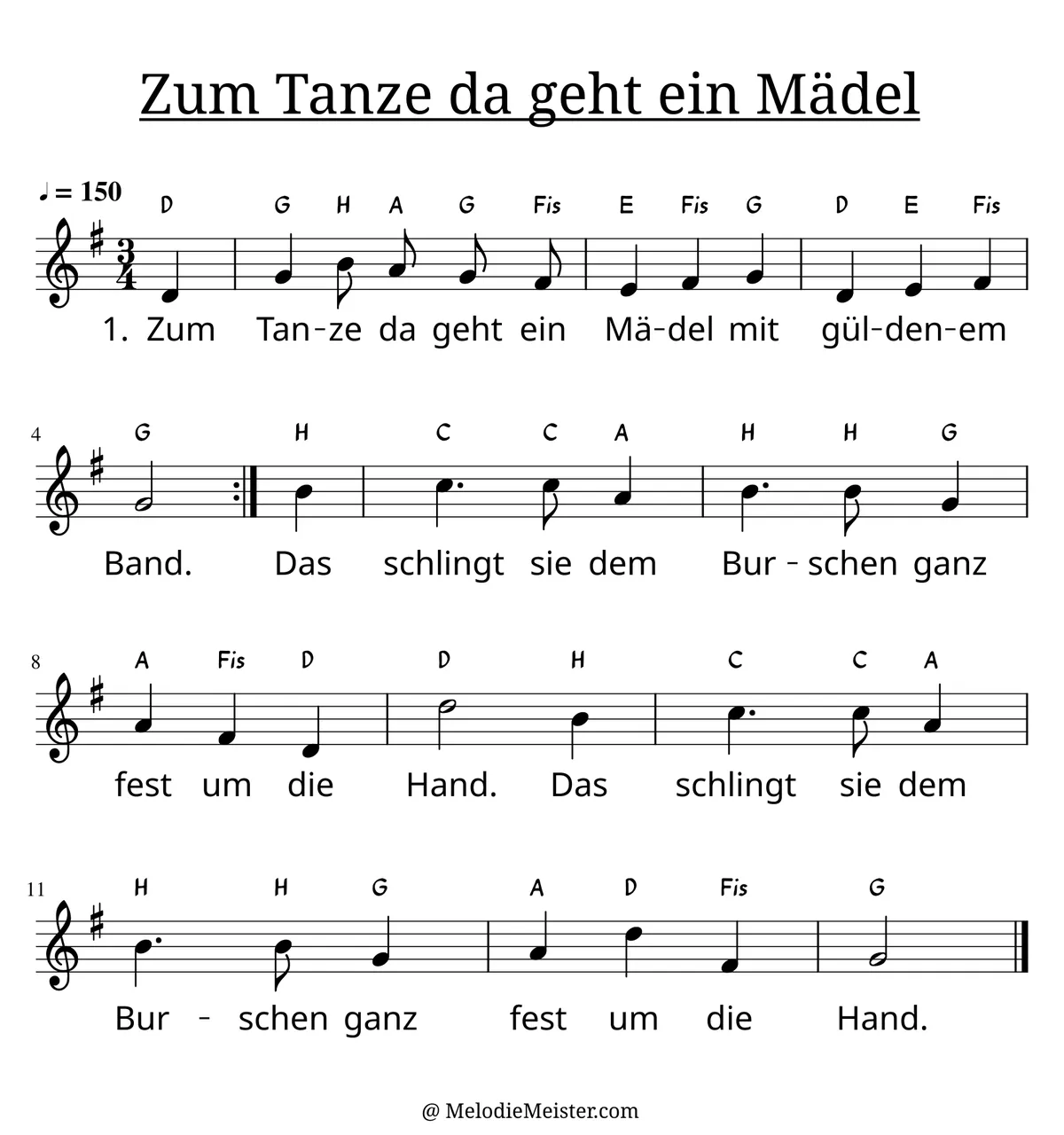 Notenblatt „Zum Tanze da geht ein Mädel“. Einstimmige Melodie im Violinschlüssel, G-Dur, 3/4-Takt, mit der 1. Strophe des Liedtextes.