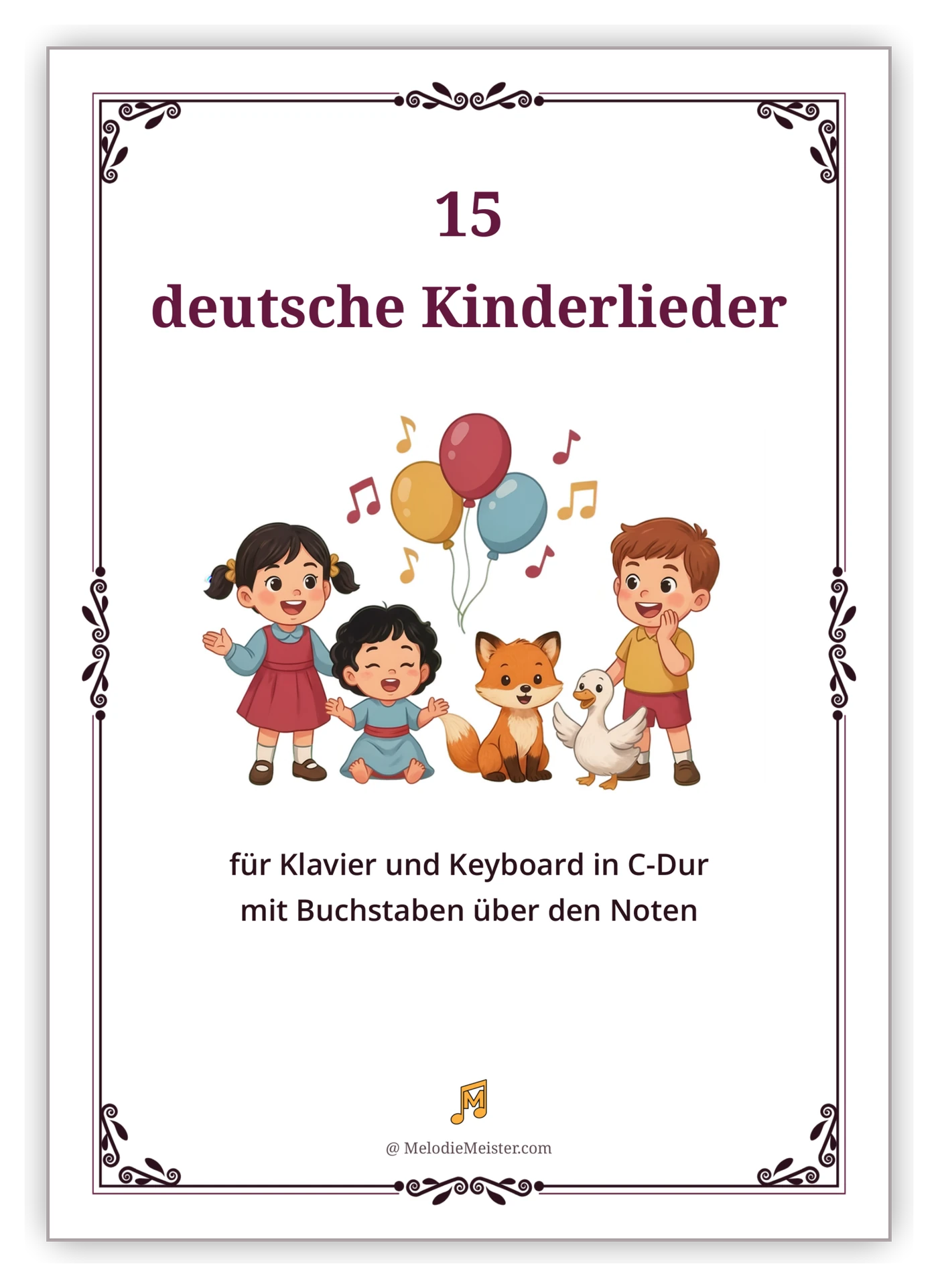 Deckblatt der Noten-Sammlung „15 deutsche Kinderlieder“ – weißes Blatt mit Zierrahmen, Titel und Illustration von Kindern mit Fuchs und Gans