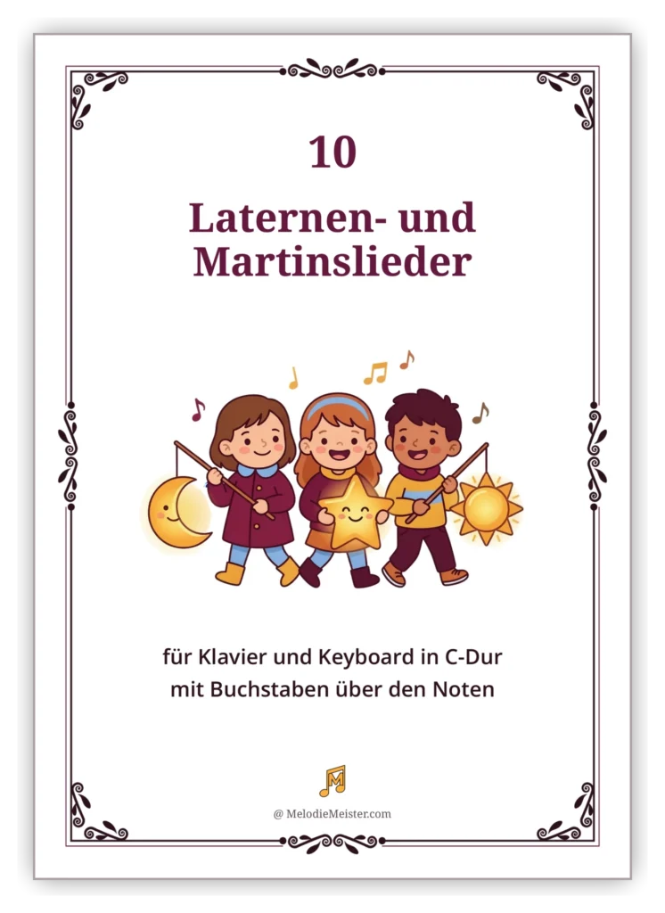 Deckblatt der Noten-Sammlung „10 Laternen- und Martinslieder“ – weißes Blatt mit dunkelrotem Zierrahmen, Titel und Illustration von drei Kindern, die leuchtende Laternen in Mond-, Stern- und Sonnenform an Stäben tragen, darüber Notensymbole