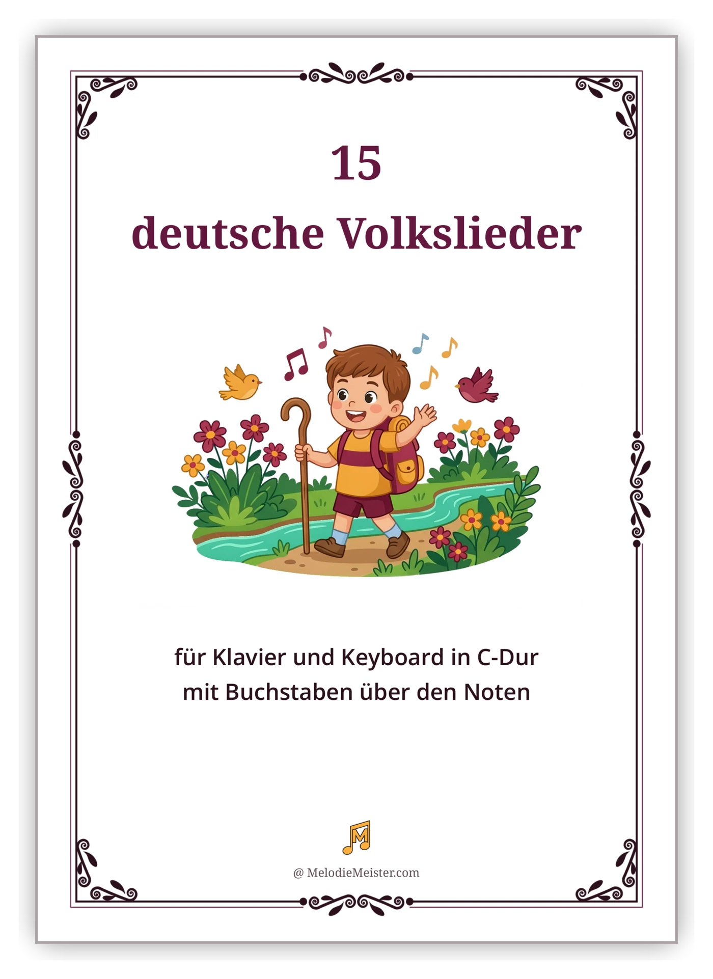 Deckblatt der Noten-Sammlung „15 deutsche Volkslieder“ – weißes Blatt mit Zierrahmen, Titel und Illustration eines wandernden Jungen