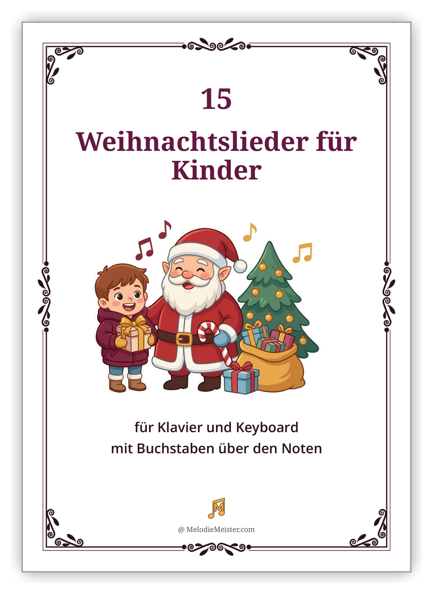 Deckblatt der Noten-Sammlung „15 Weihnachtslieder für Kinder“ – weißes Blatt mit dunkelrotem Zierrahmen, Titel und Illustration eines Jungen mit Geschenk neben dem lachenden Weihnachtsmann, daneben ein Sack voller Geschenke und ein Tannenbaum