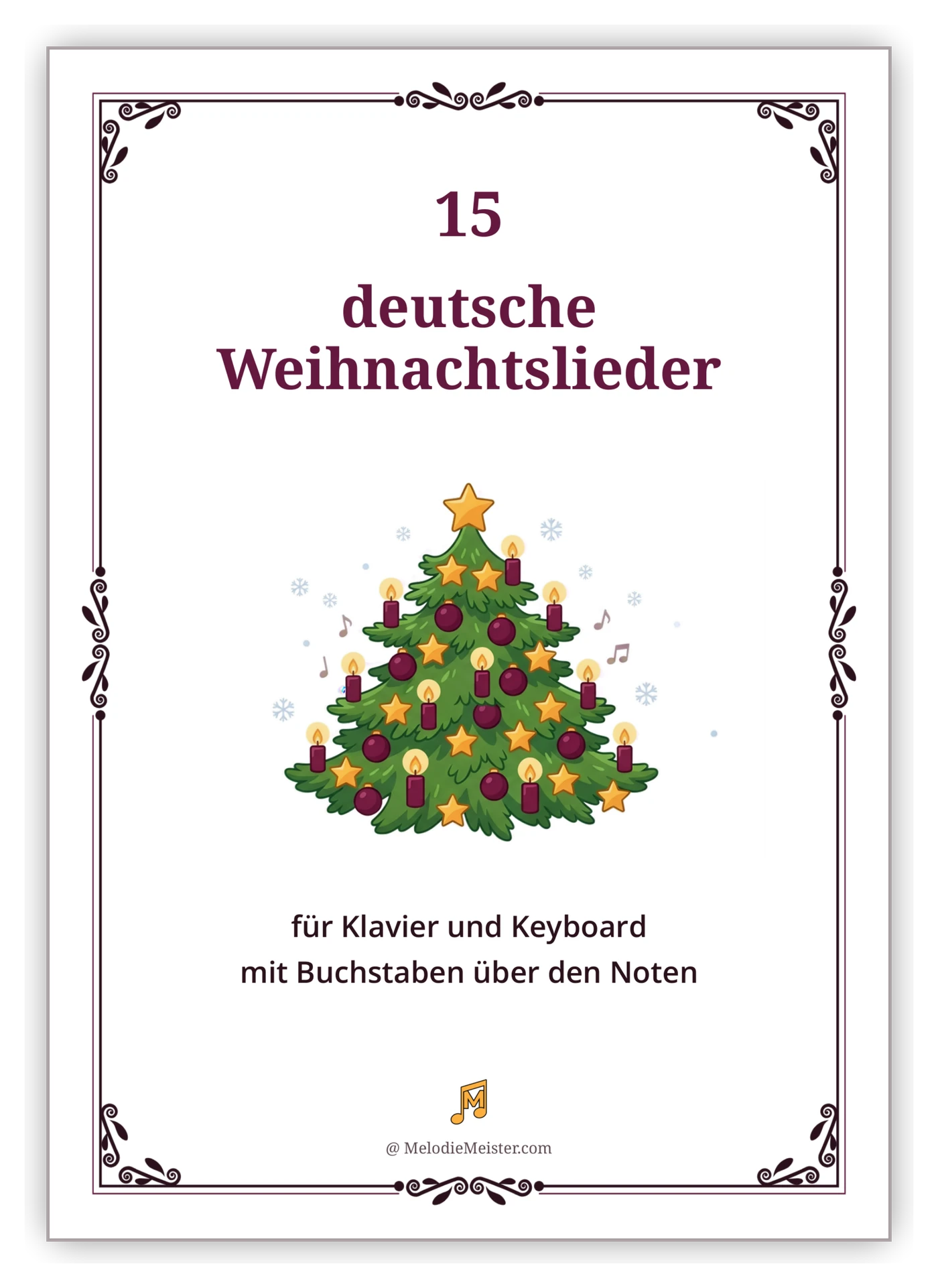 Deckblatt der Noten-Sammlung „15 deutsche Weihnachtslieder“ – weißes Blatt mit Zierrahmen, Titel und Illustration eines Weihnachtsbaums