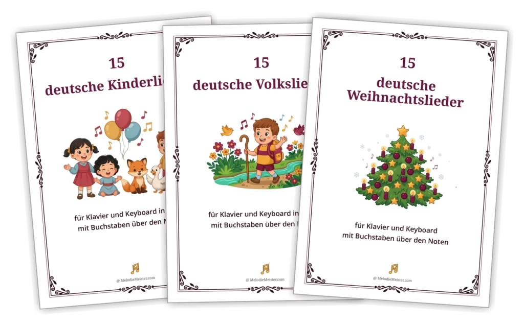 Drei aufgefächerte, leicht gekippte Deckblätter der Noten-Sammlungen – deutsche Kinderlieder, Volkslieder und Weihnachtslieder, jeweils mit Zierrahmen und farbiger Illustration