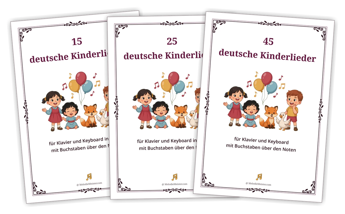 Drei überlappend aufgefächerte weiße Deckblätter mit dunkelrotem Zierrahmen und den Titeln „15“, „25“ und „45 deutsche Kinderlieder“; auf jedem Blatt die Illustration singender Kinder mit einem kleinen Fuchs, einer weißen Gans und Luftballons