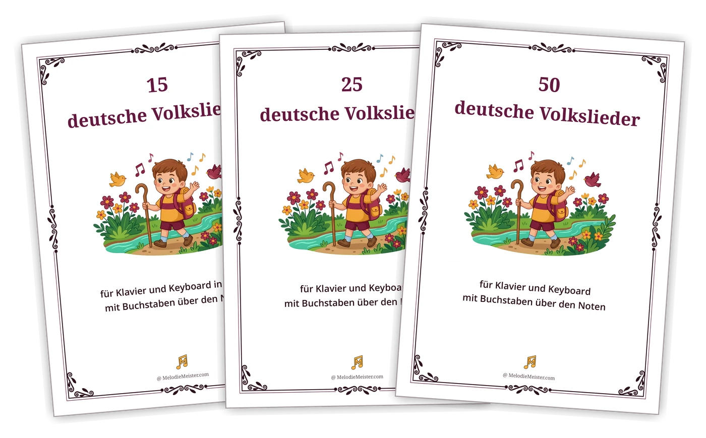 Drei überlappend aufgefächerte weiße Deckblätter mit dunkelrotem Zierrahmen und den Titeln „15“, „25“ und „50 deutsche Volkslieder“; auf jedem Blatt die Illustration eines Jungen mit Rucksack und Wanderstock, der singend an einem Bach entlangwandert