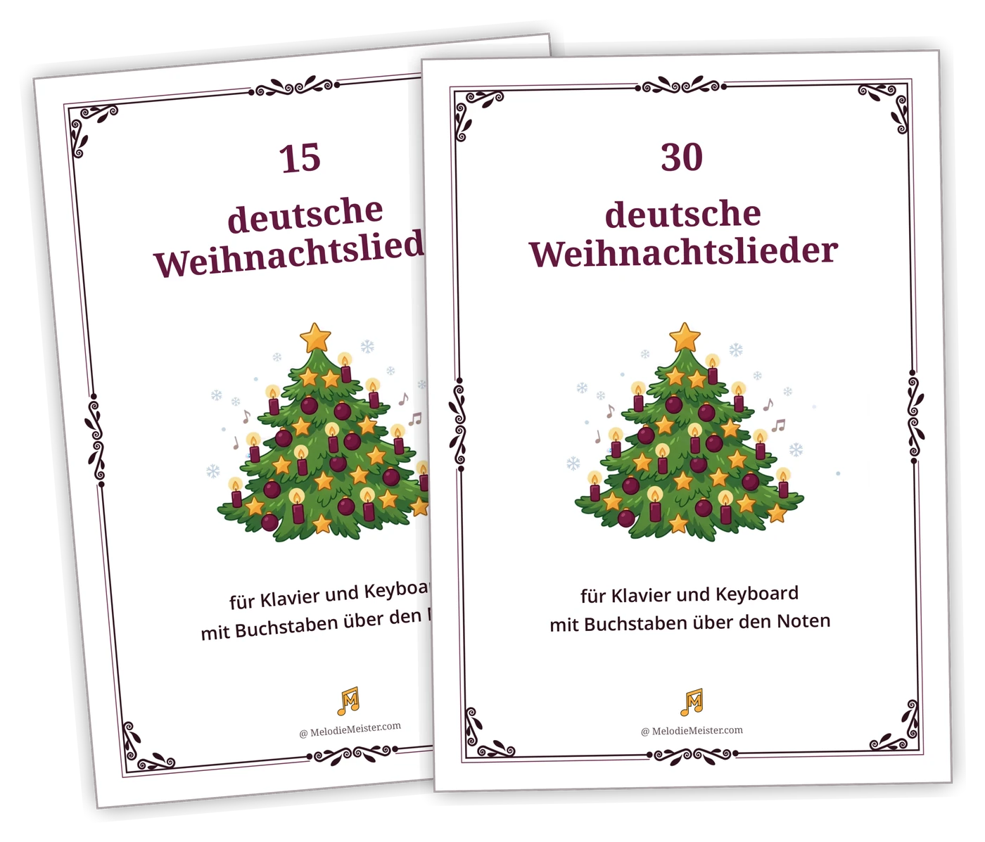 Zwei überlappend aufgefächerte weiße Deckblätter mit dunkelrotem Zierrahmen und den Titeln „15“ und „30 deutsche Weihnachtslieder“; auf jedem Blatt die Illustration eines geschmückten Tannenbaums mit Stern, brennenden Kerzen und Kugeln